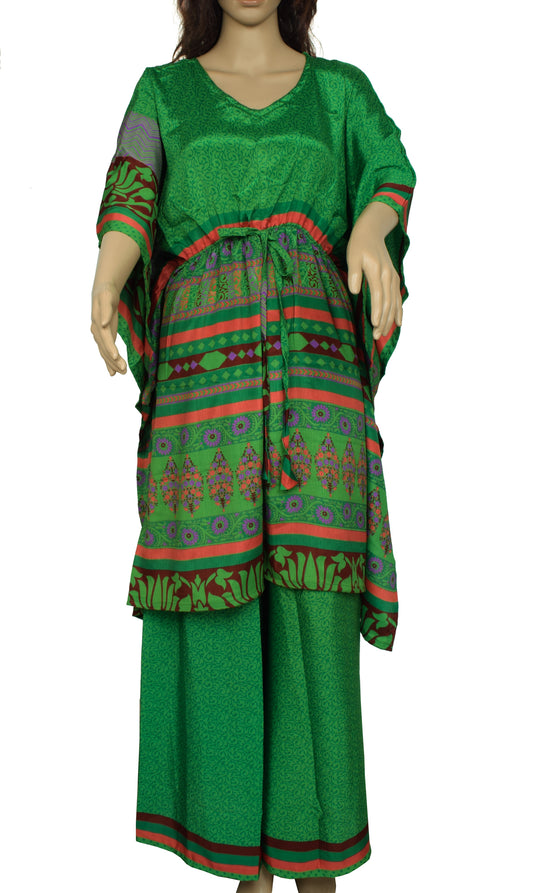 Sushila Vintage Blend Silk Sari upcycled Palazzo Pants & Kafhtan Top Set Green