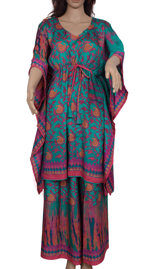 Sushila Vintage Blend Silk Sari upcycled Palazzo Pants & Kafthan Top Multi-Color