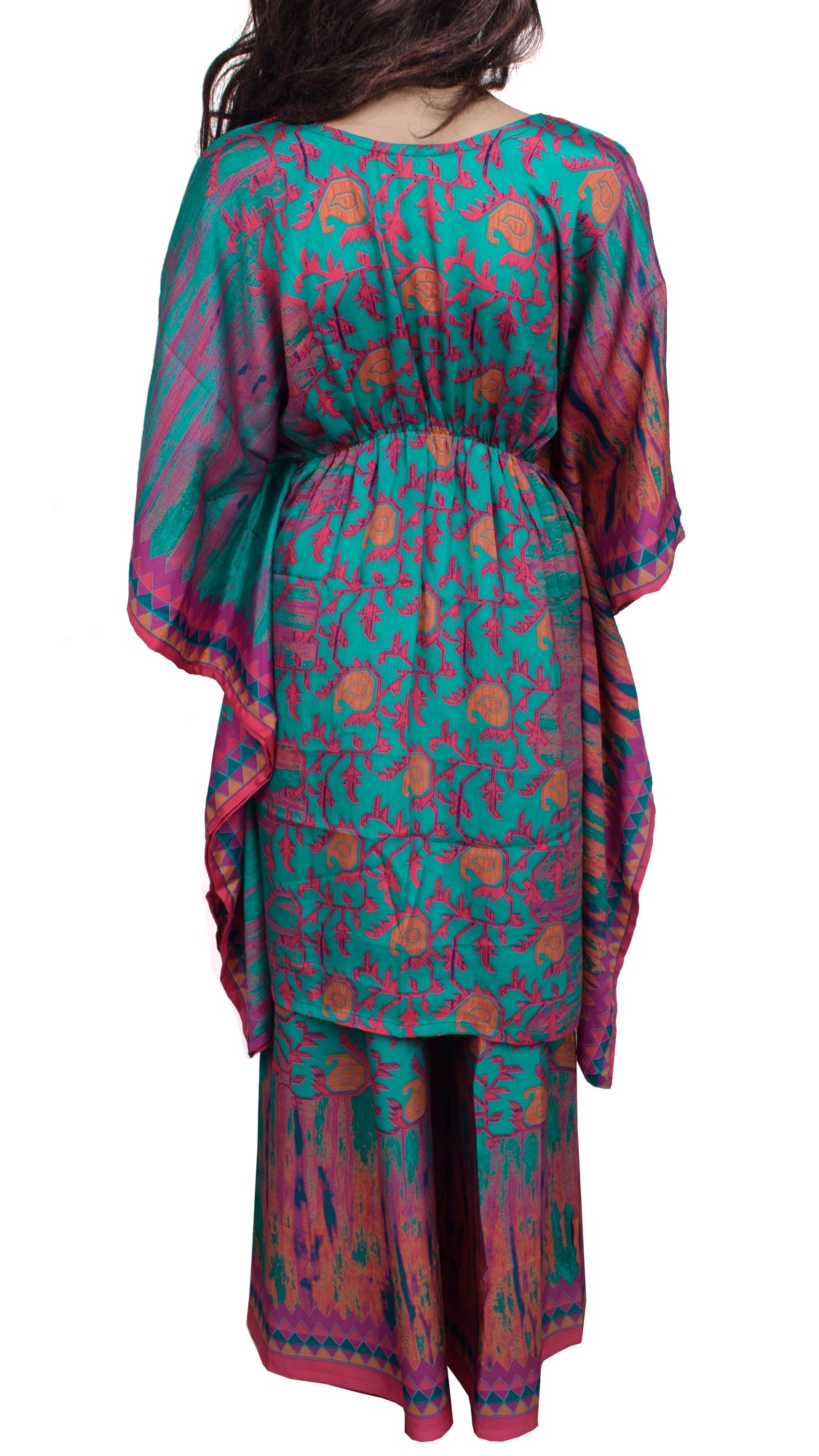 Sushila Vintage Blend Silk Sari upcycled Palazzo Pants & Kafthan Top Multi-Color