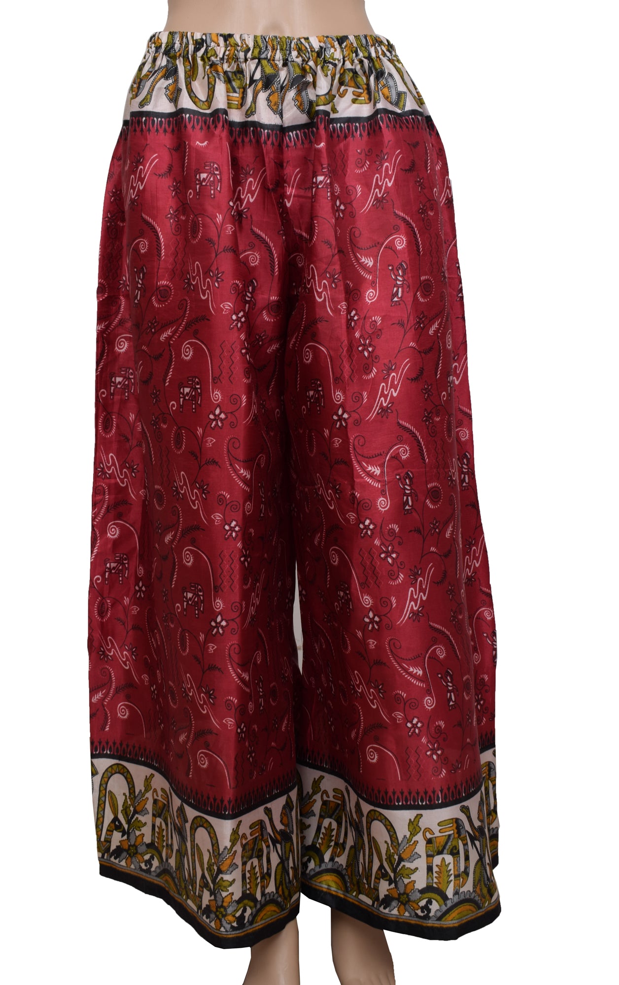 Sushila Vintage Blend Silk Sari upcycled Palazzo Pants & Kafhtan Top Set Maroon