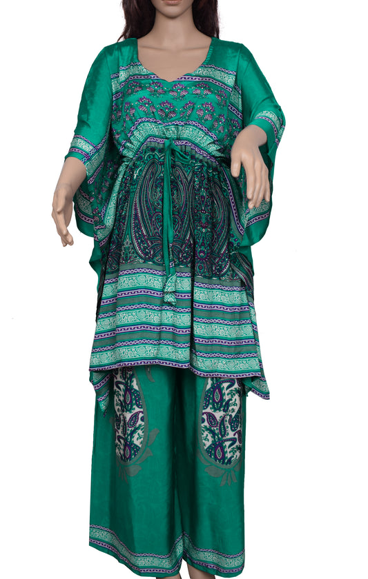 Sushila Vintage Blend Silk Sari upcycled Palazzo Pants & Kafhtan Top Set Blue
