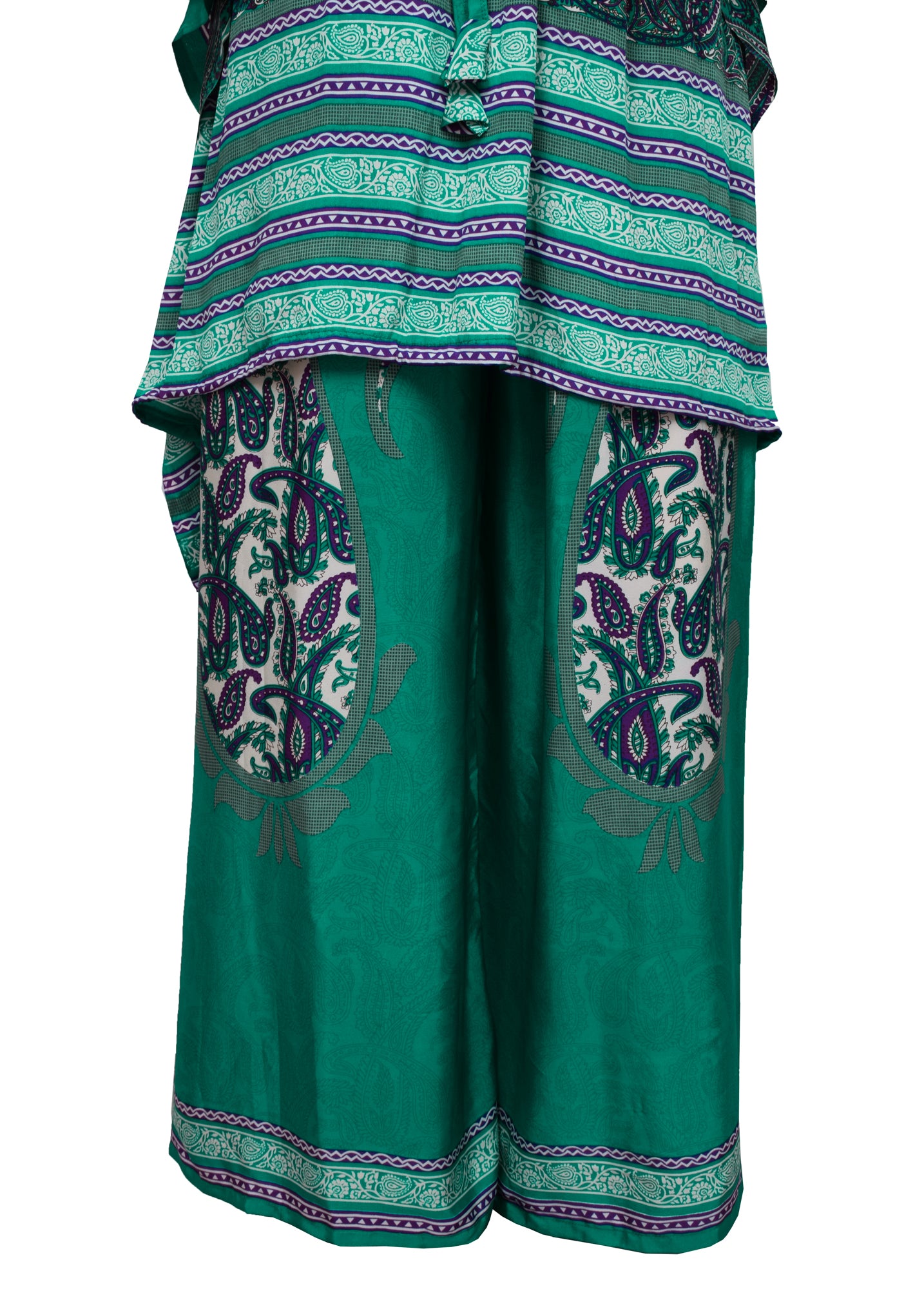 Sushila Vintage Blend Silk Sari upcycled Palazzo Pants & Kafhtan Top Set Blue
