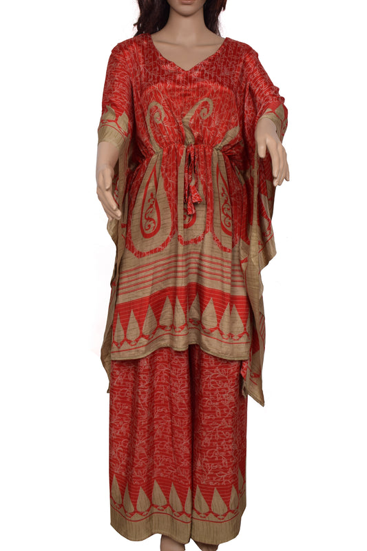 Sushila Vintage Women Dress Silk Sari upcycled Palazzo Pants Kafhtan Top Red