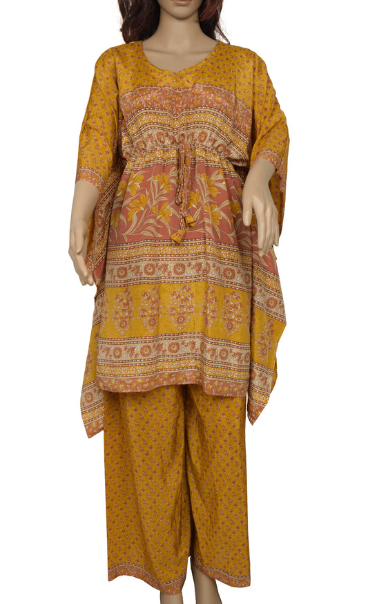 Sushila Vintage Blend Silk Sari upcycled Palazzo Pants & Kafthan Top Mustard