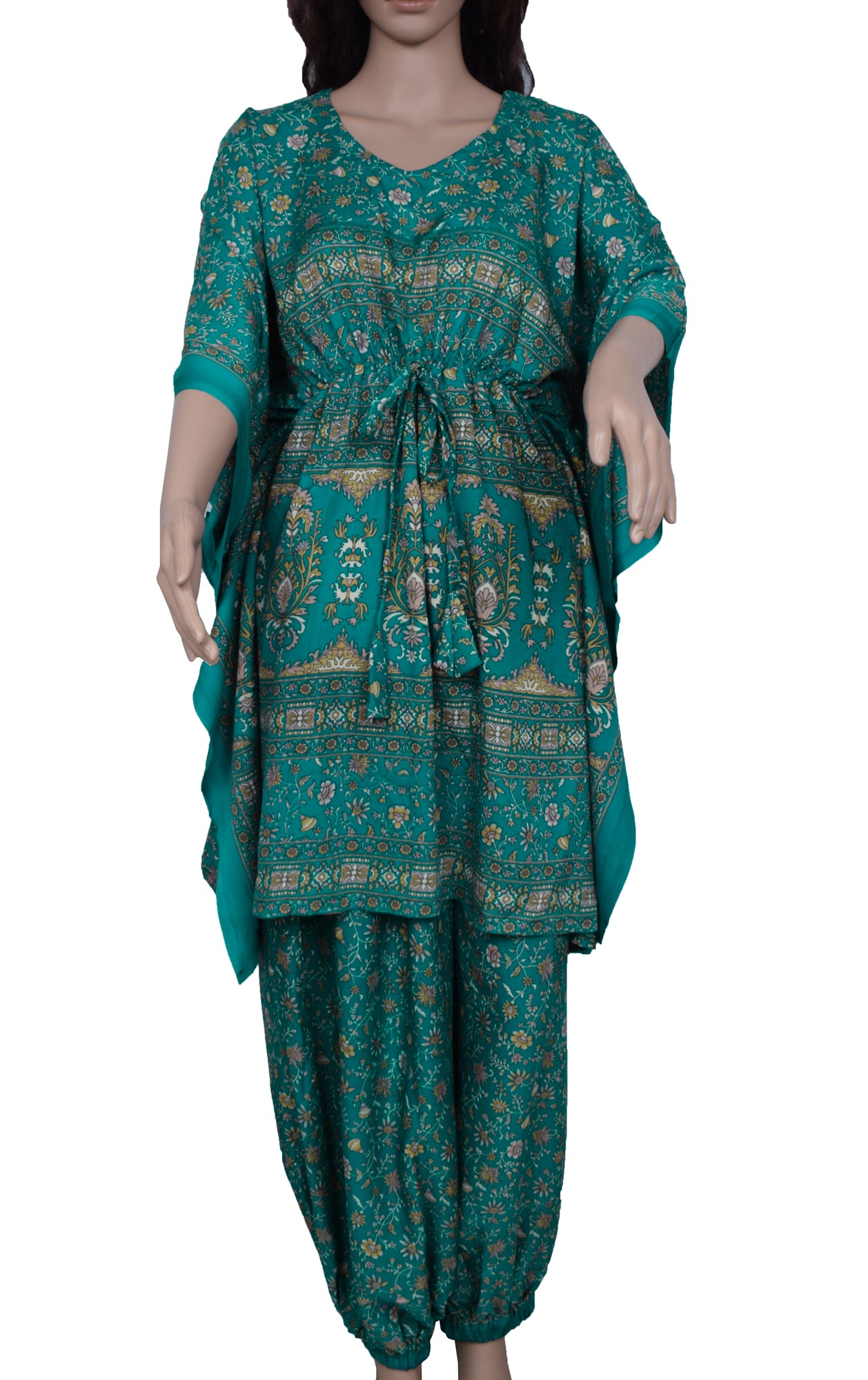 Sushila Vintage Blend Silk Sari upcycled Aladdin Pants Kafthan Top Teal Blue