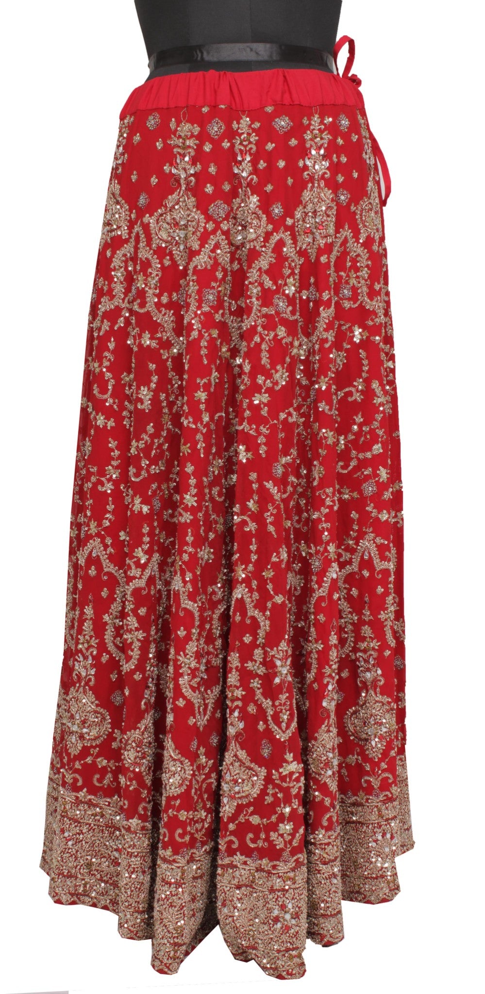 Sushila Vintage Red Long Skirt Blend Georgette Hand Beaded Unstitched Lehenga