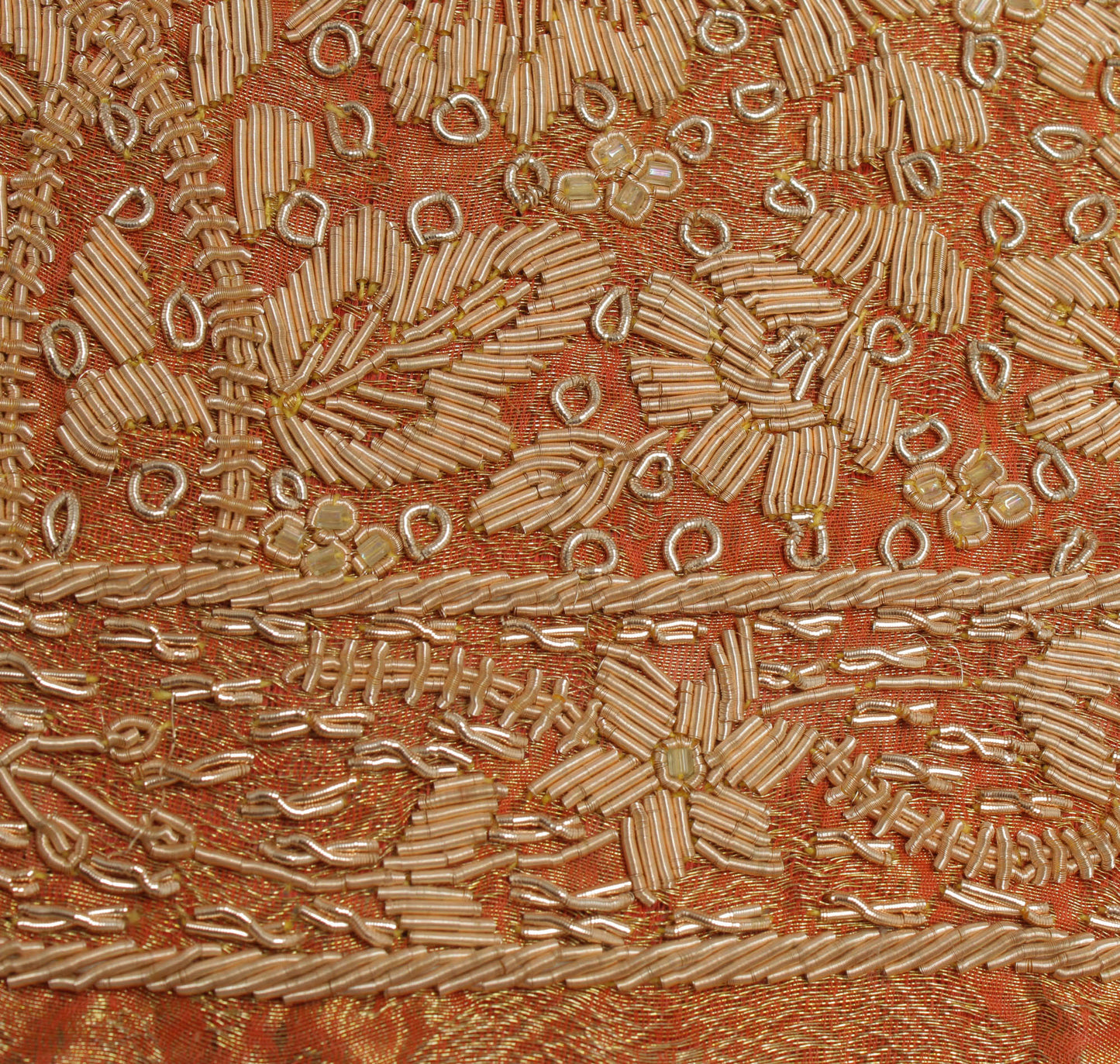 Sushila Vintage Rust Long Skirt Pure Tissue Silk Hand Beaded Unstitched Lehenga