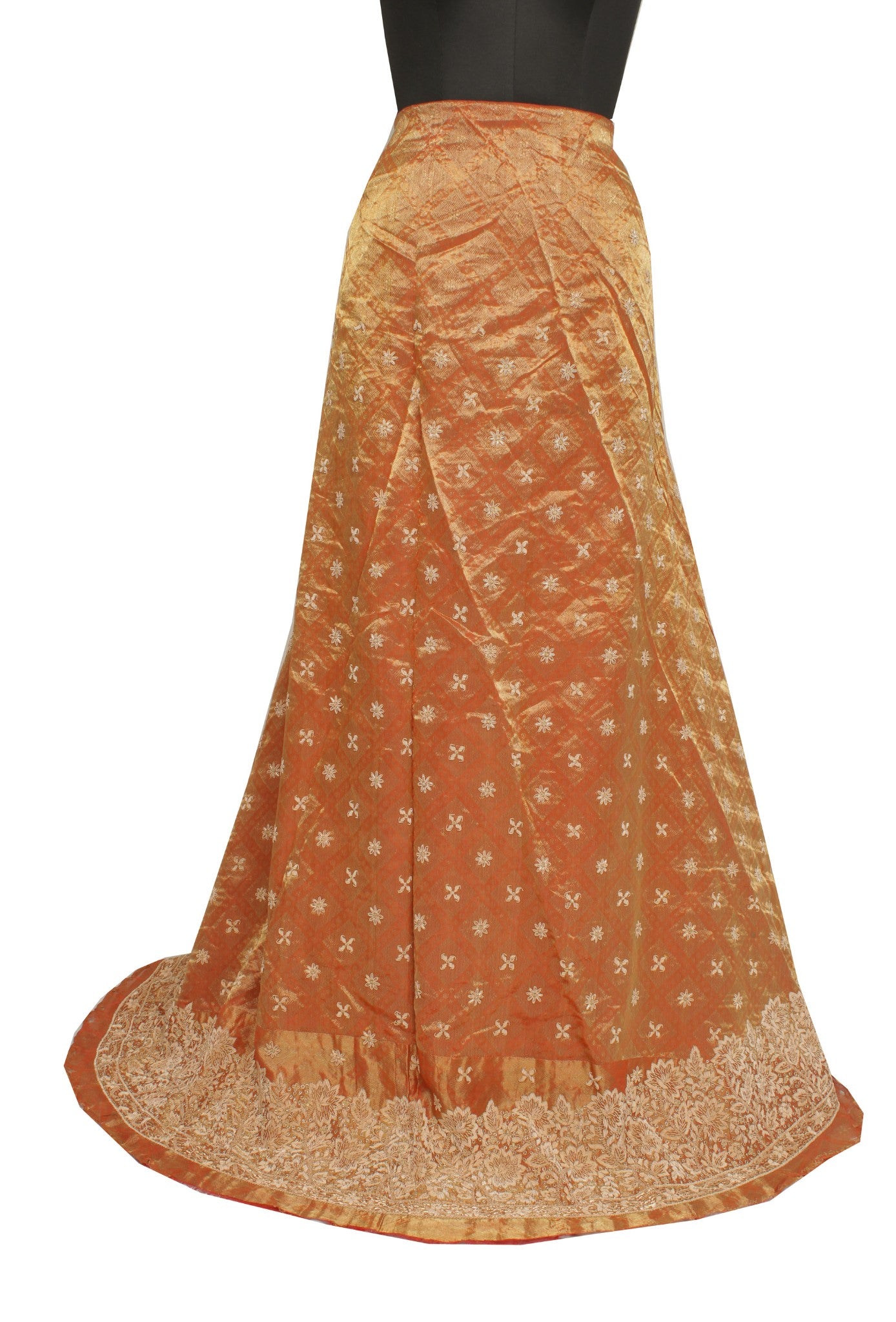 Sushila Vintage Rust Long Skirt Pure Tissue Silk Hand Beaded Unstitched Lehenga