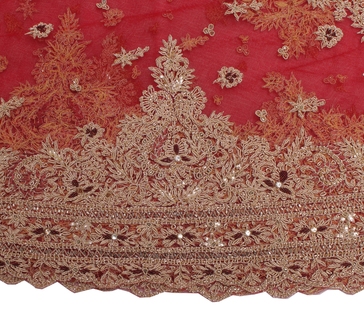 Sushila Vintage Red Long Skirt Net Mesh Hand Beaded Zardozi Unstitched Lehenga