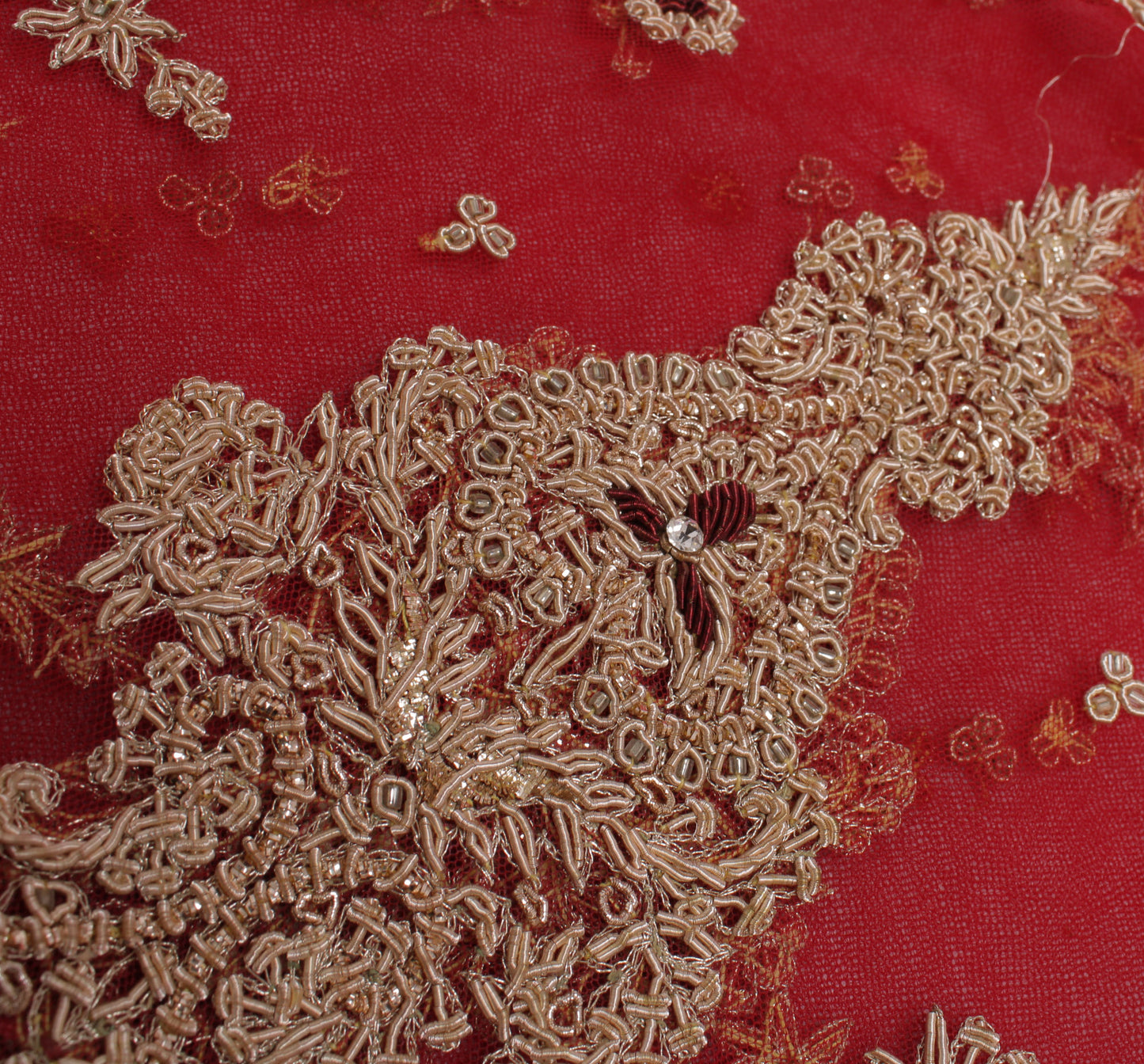 Sushila Vintage Red Long Skirt Net Mesh Hand Beaded Zardozi Unstitched Lehenga