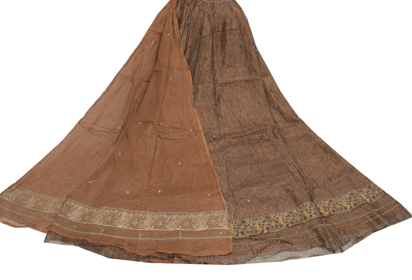 Sushila Vintage Brown Long Skirt Pure Tissue Silk Hand Beaded Unstitched Lehenga