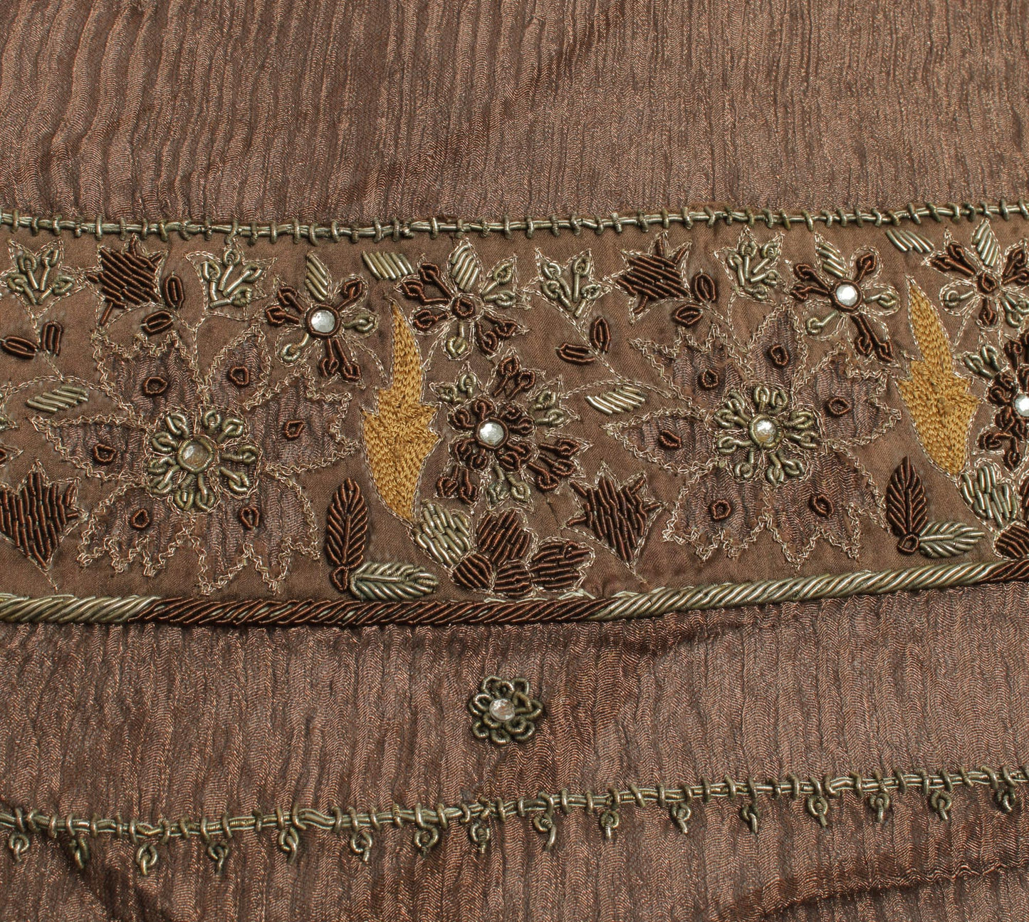 Sushila Vintage Brown Long Skirt Pure Tissue Silk Hand Beaded Unstitched Lehenga