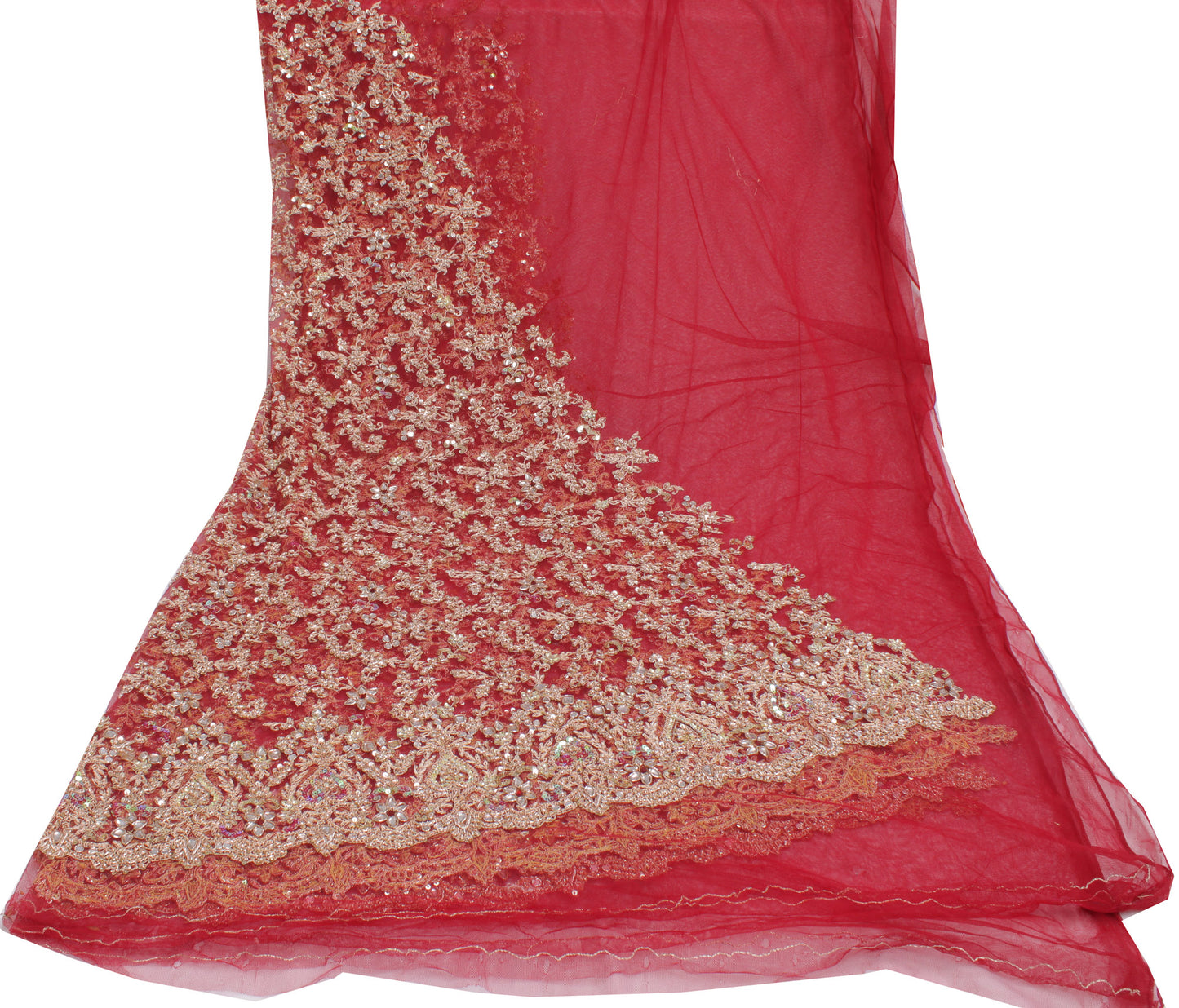Sushila Vintage Red Long Skirt Net Mesh Hand Beaded Zardozi  Unstitched Lehenga