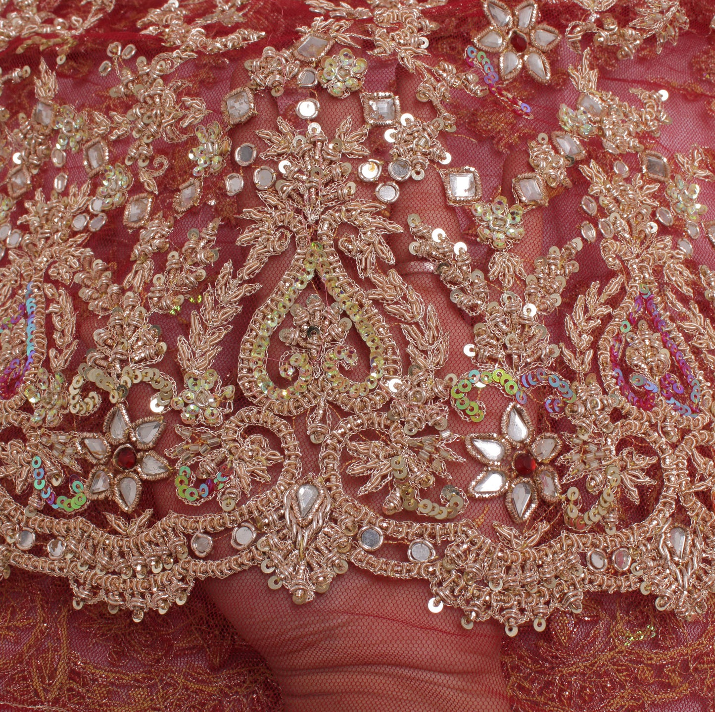 Sushila Vintage Red Long Skirt Net Mesh Hand Beaded Zardozi Unstitched Lehenga