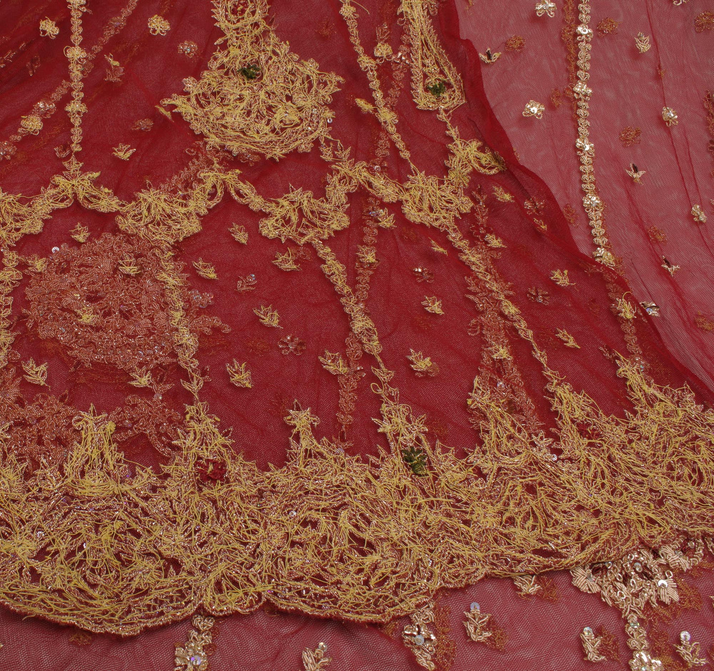 Sushila Vintage Red Long Skirt Net Mesh Hand Beaded Unstitched Craft Lehenga