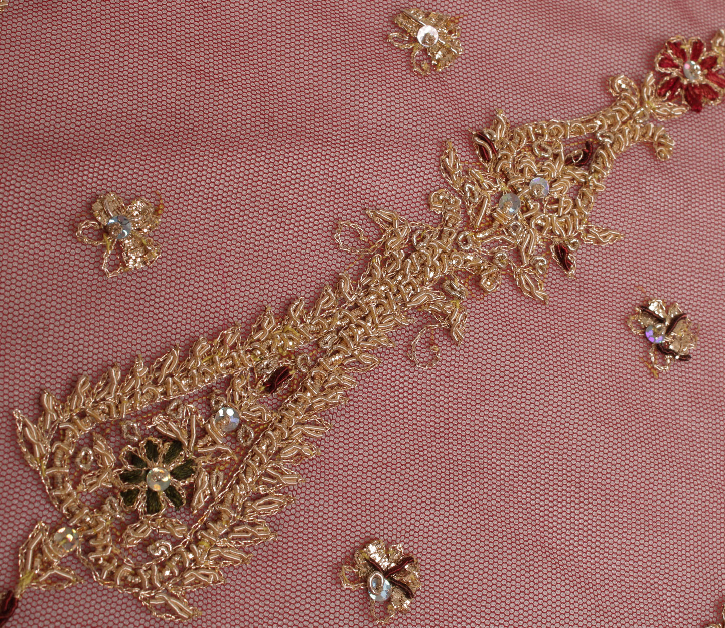 Sushila Vintage Red Long Skirt Net Mesh Hand Beaded Unstitched Craft Lehenga