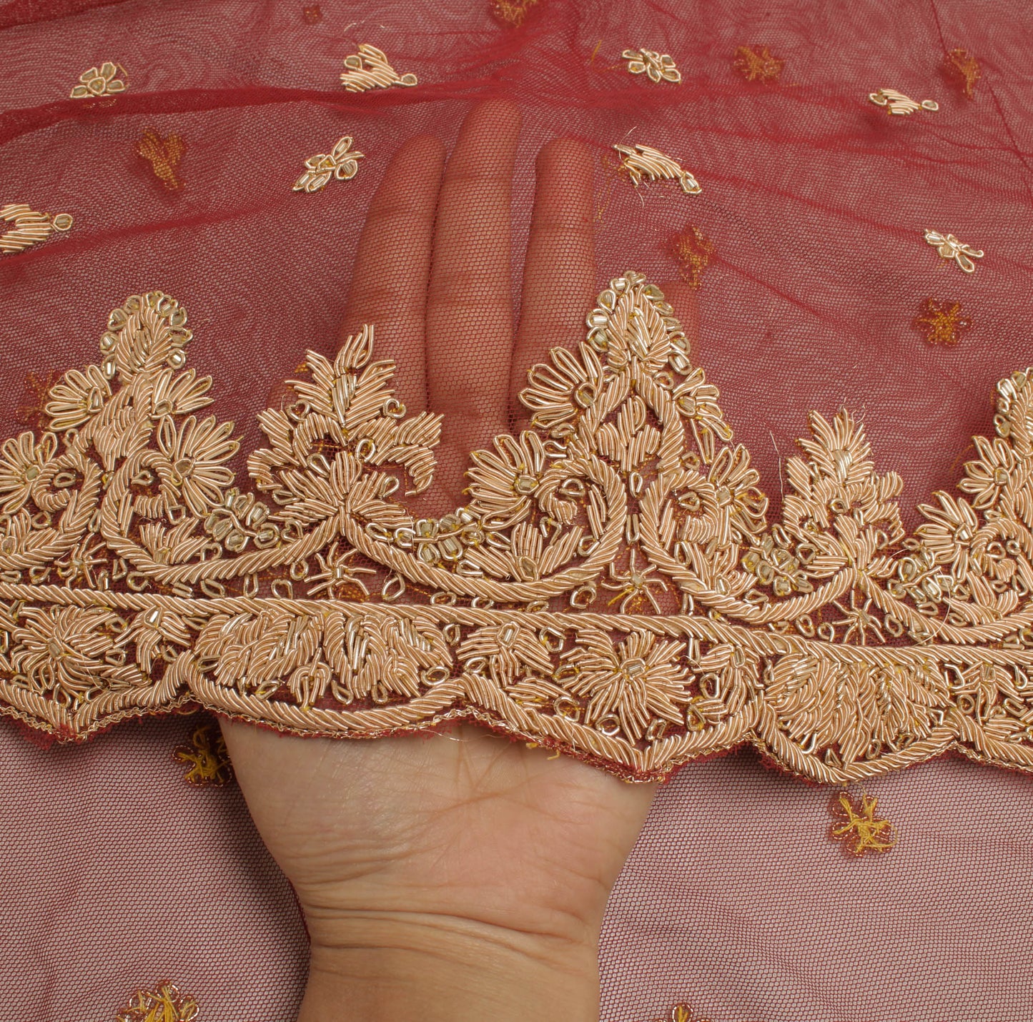 Sushila Vintage Maroon Long Skirt Net Mesh Hand Beaded Unstitched Craft Lehenga