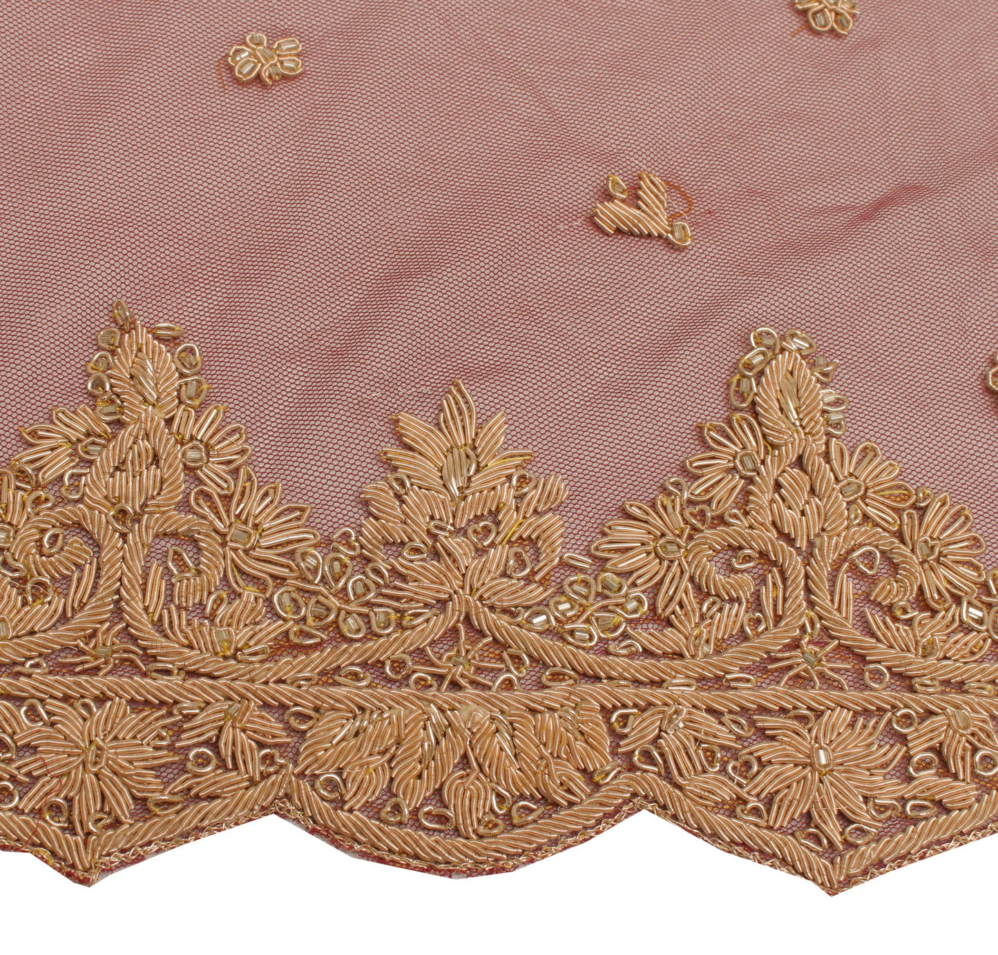 Sushila Vintage Maroon Long Skirt Net Mesh Hand Beaded Unstitched Craft Lehenga
