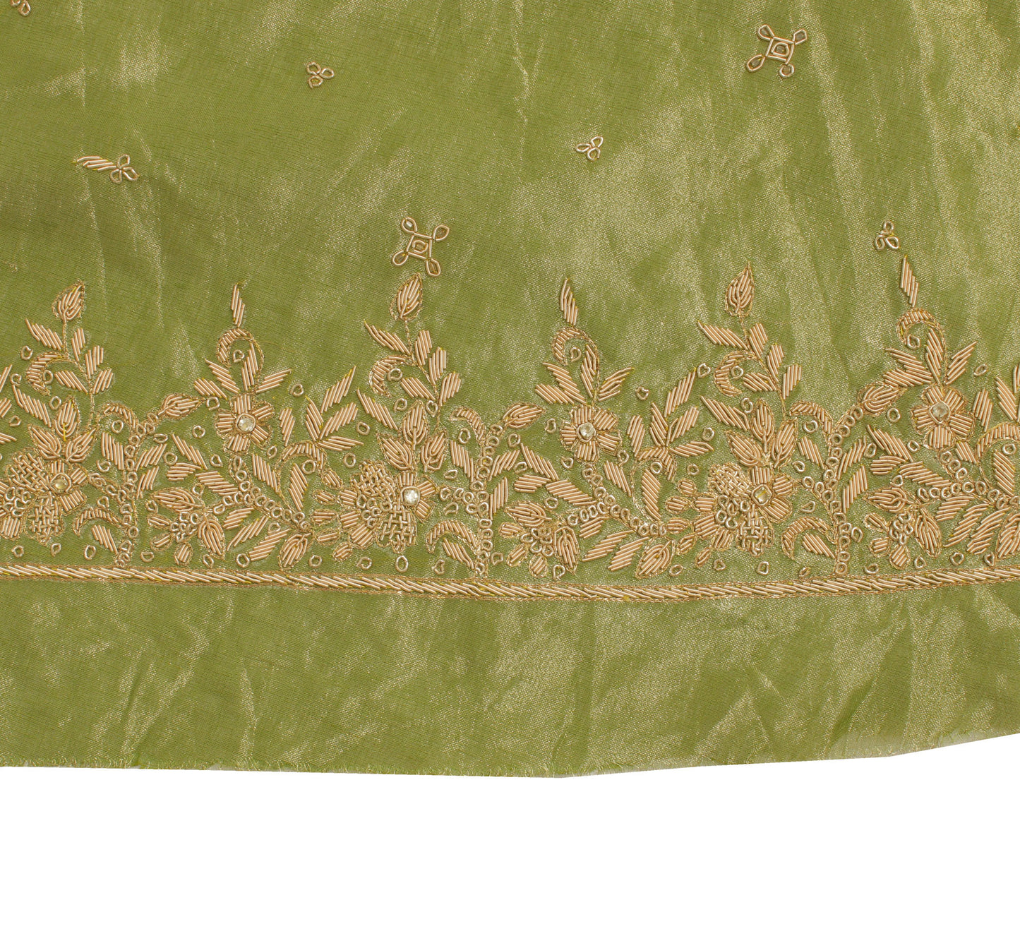 Sushila Vintage Green Long Skirt Pure Tissue Silk Hand Beaded Unstitched Lehenga