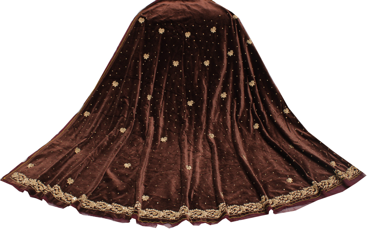 Sushila Vintage Brown Long Skirt Velvet Hand Beaded Unstitched Craft Lehenga