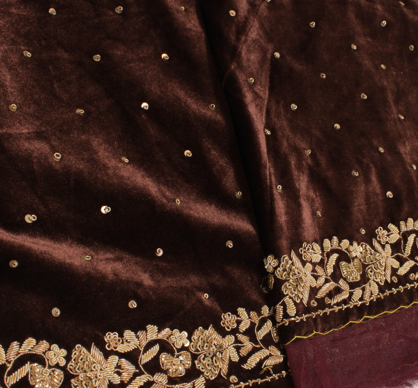 Sushila Vintage Brown Long Skirt Velvet Hand Beaded Unstitched Craft Lehenga
