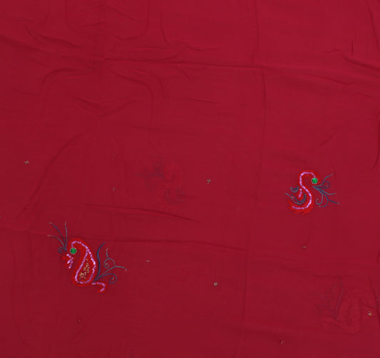 Sushila Vintage Pink Sari Remnant Scrap Pure Georgette Embroidered Craft Fabric