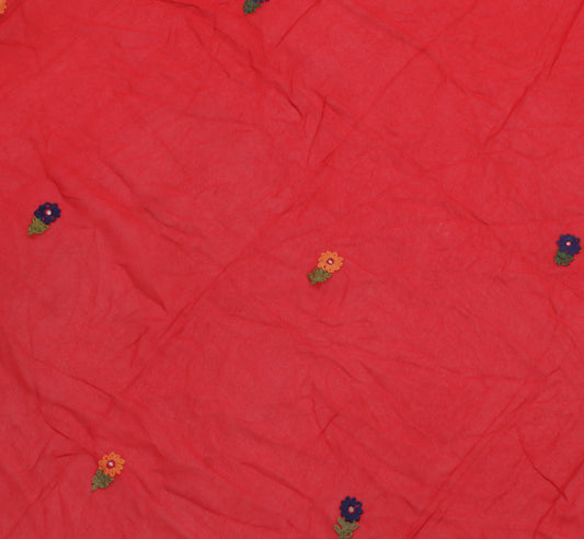 Sushila Vintage Red Sari Remnant Scrap Pure Georgette Embroidered Craft Fabric