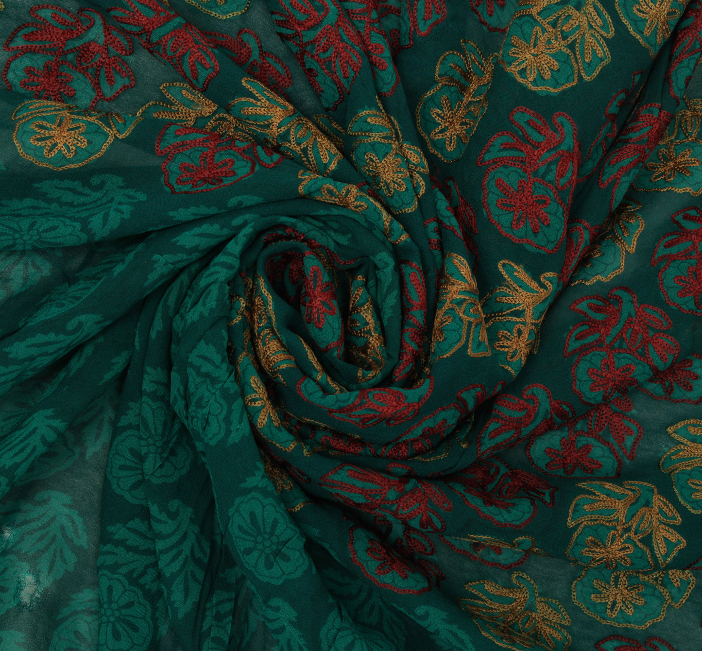 Sushila Vintage Green Sari Remnant Scrap Pure Georgette Embroidered Craft Fabric