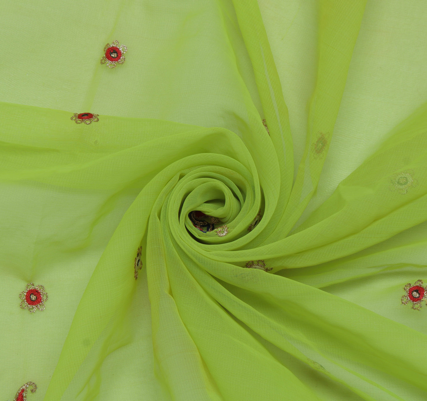 Sushila Vintage Green Sari Remnant Scrap Blend Georgette Embroidered Fabric