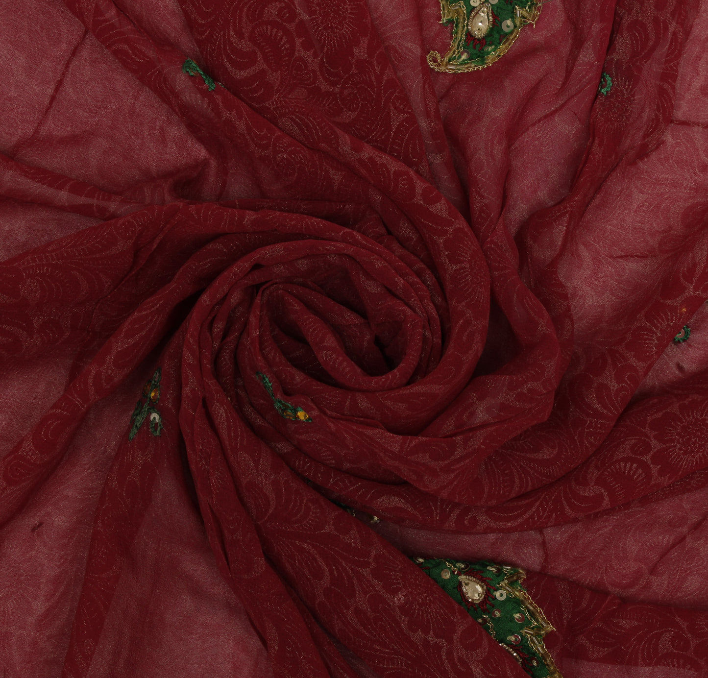 Sushila Vintage Maroon Sari Remnant Scrap Pure Georgette Hand Beaded Fabric