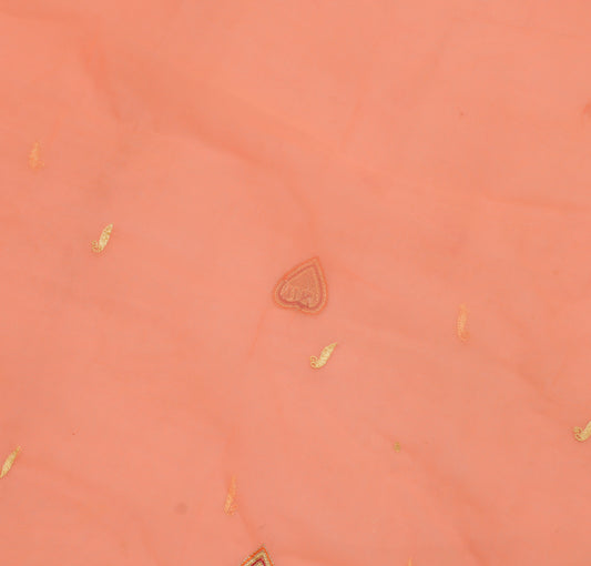 Sushila Vintage Peach Sari Remnant Scrap Pure Georgette Embroidered Craft Fabric