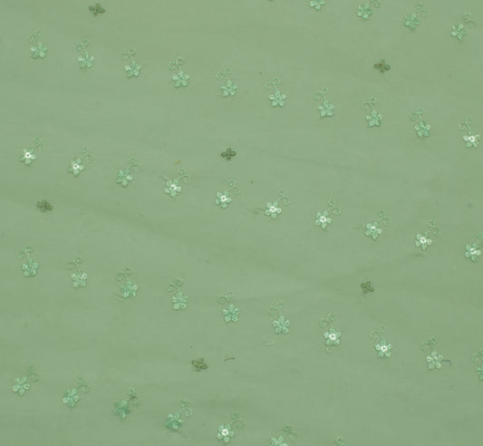 Sushila Vintage Green Sari Remnant Scrap Net Mesh Hand Beaded Craft Fabric
