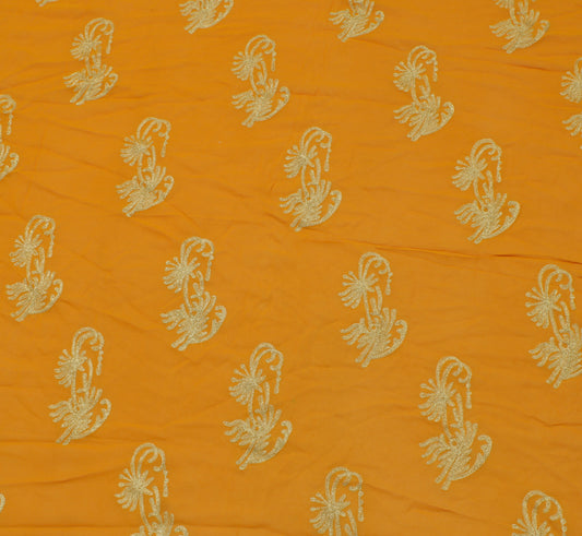 Sushila Vintage Mustard Sari Remnant Scrap Pure Georgette Embroidered Fabric