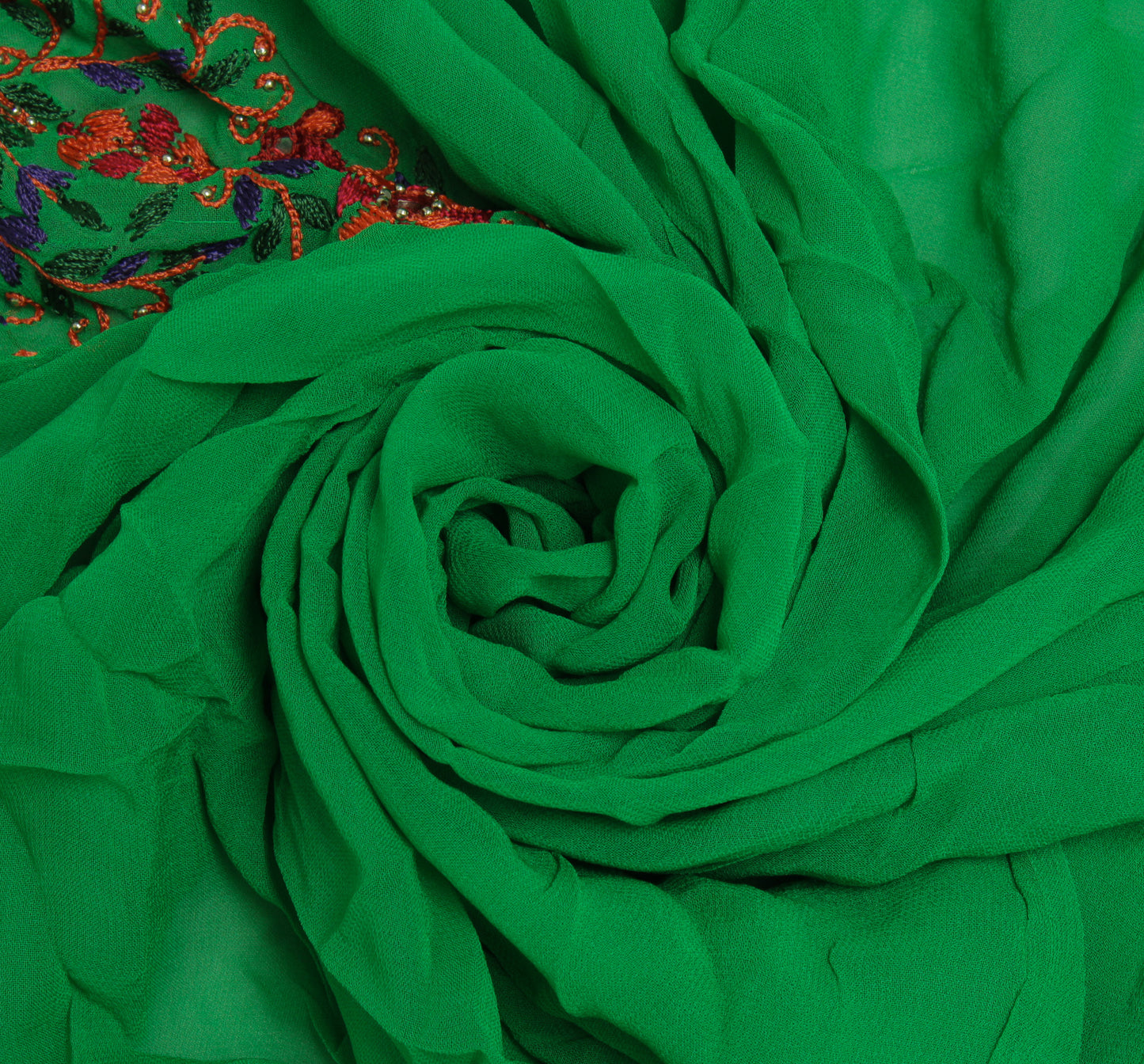 Sushila Vintage Green Sari Remnant Scrap Pure Georgette Embroidered Craft Fabric