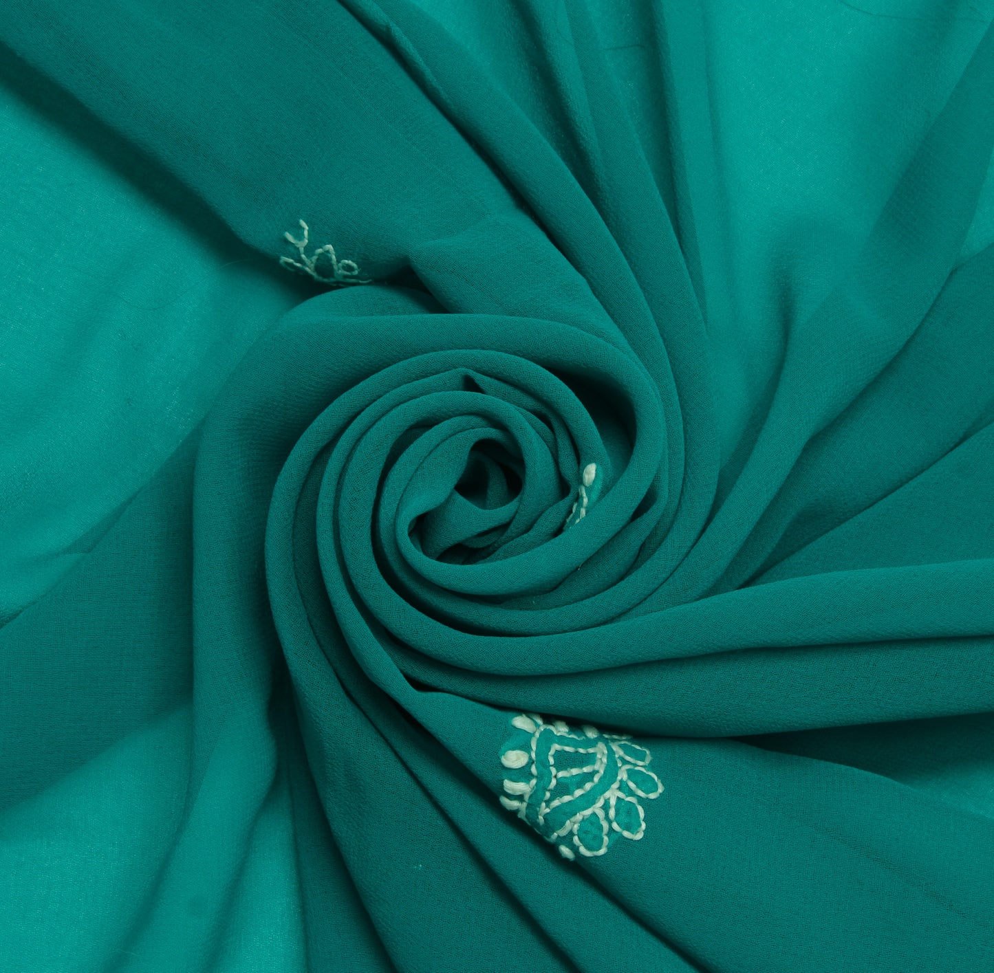 Sushila Vintage Green Sari Remnant Scrap Blend Georgette Hand Embroidered Fabric