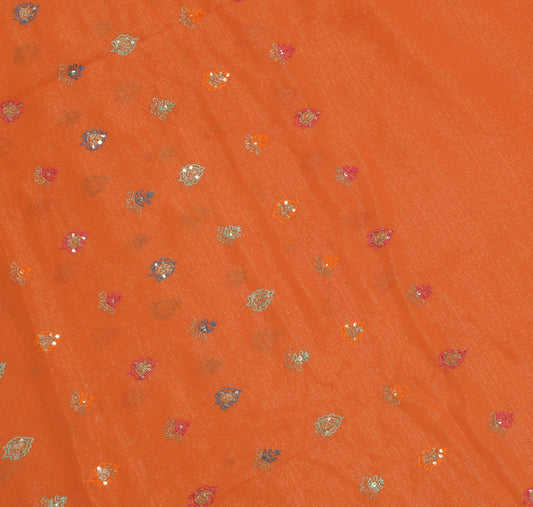 Sushila Vintage Rust Sari Remnant Scrap Pure Georgette Embroidered Craft Fabric