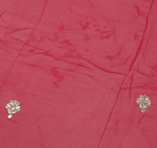 Sushila Vintage Red Sari Remnant Scrap Pure Georgette Hand Beaded Craft Fabric