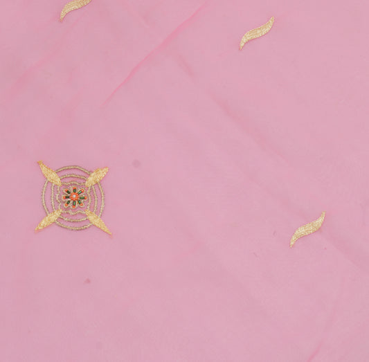 Sushila Vintage Pink Sari Remnant Scrap Blend Georgette Embroidered Craft Fabric