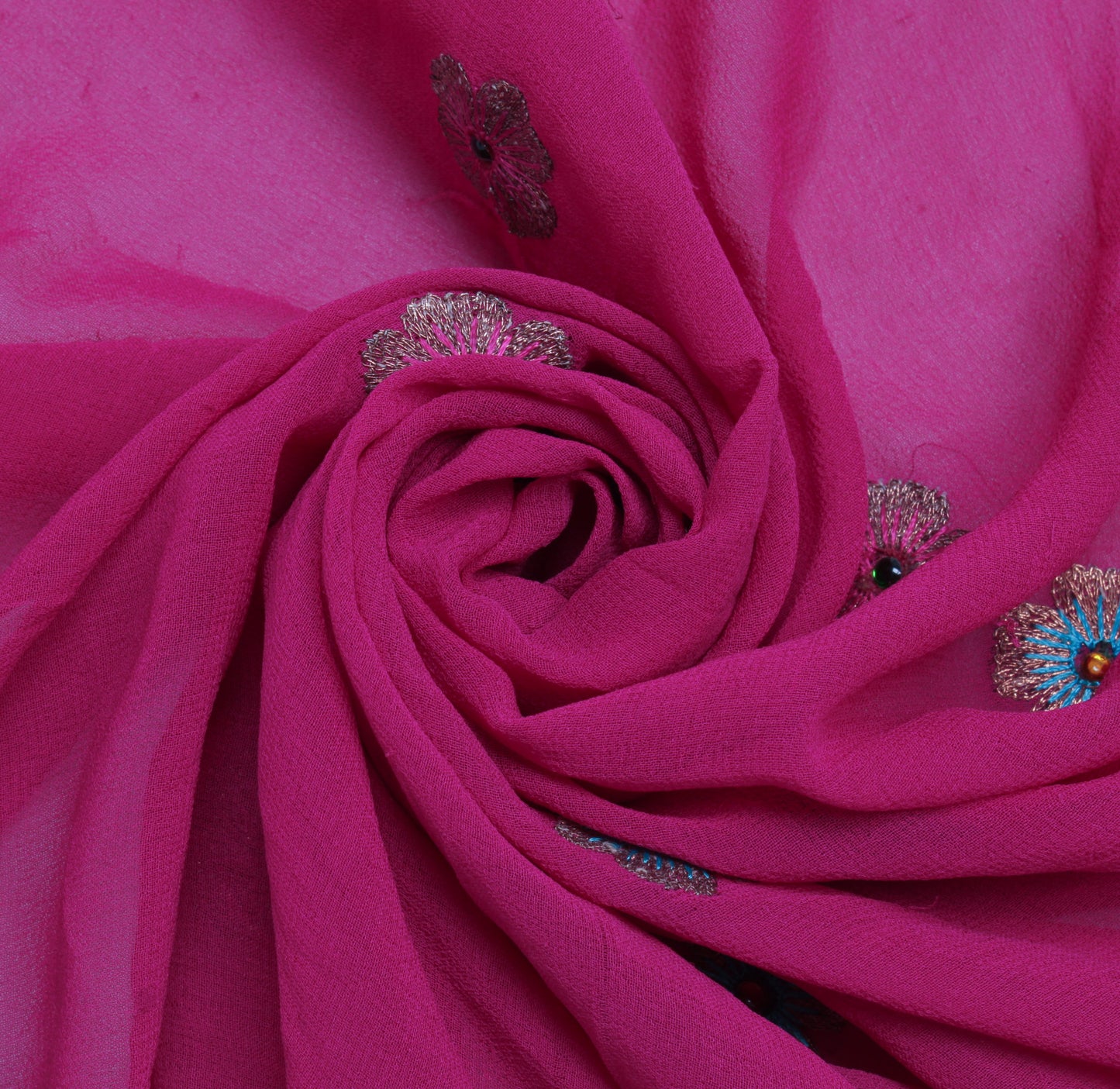 Sushila Vintage Magenta Sari Remnant Scrap Pure Georgette Embroidered Fabric