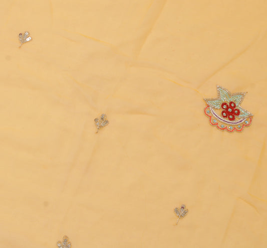 Sushila Vintage Yellow Sari Remnant Scrap Blend Georgette Hand Beaded Fabric