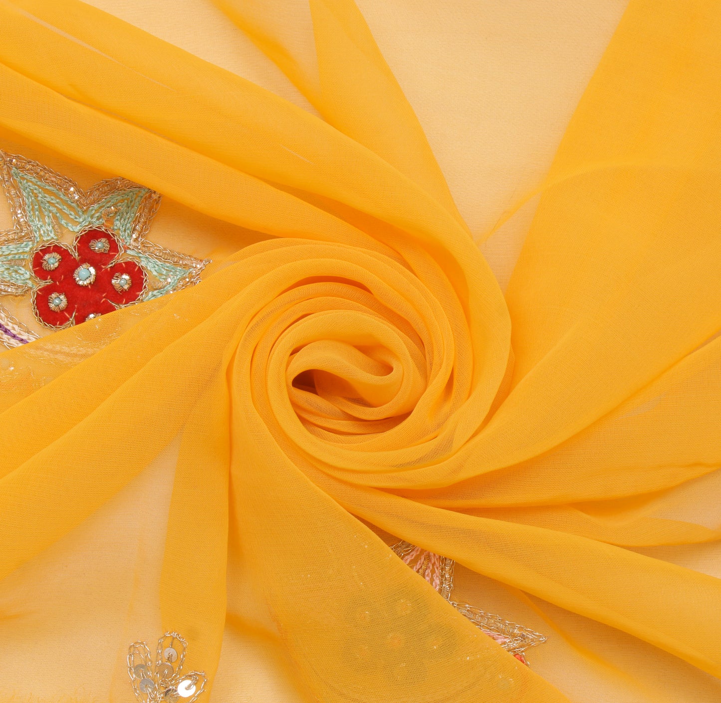 Sushila Vintage Yellow Sari Remnant Scrap Blend Georgette Hand Beaded Fabric