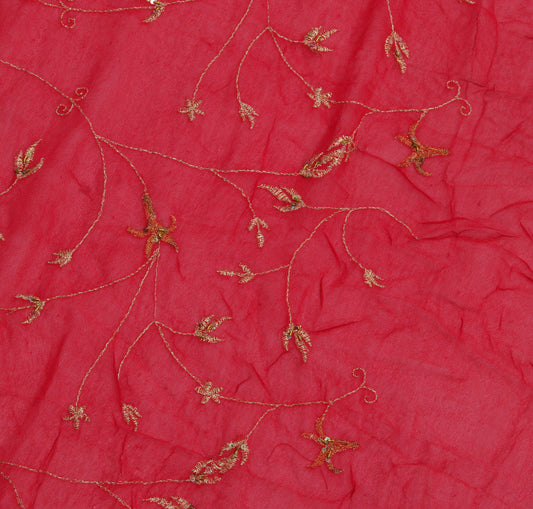 Sushila Vintage Red Sari Remnant Scrap Pure Georgette Embroidered Craft Fabric