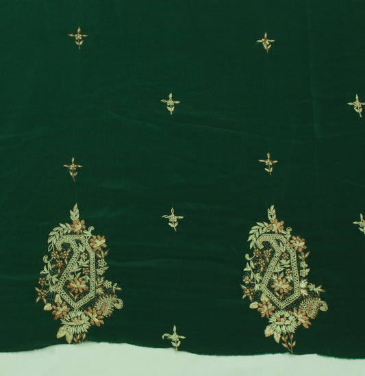 Sushila Vintage Green Sari Remnant Scrap Blend Crepe Embroidered Craft Fabric