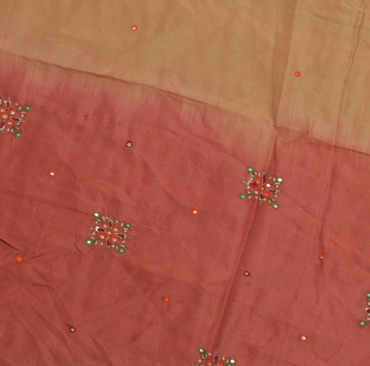 Sushila Vintage Brown Sari Remnant Scrap Pure Silk Hand Embroidered Craft Fabric