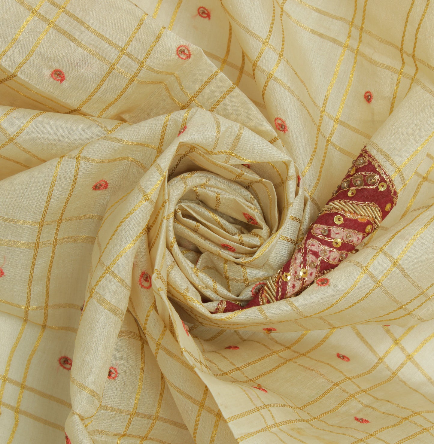 Sushila Vintage Cream Sari Remnant Scrap 100% Pure Silk Hand Beaded Craft Fabric