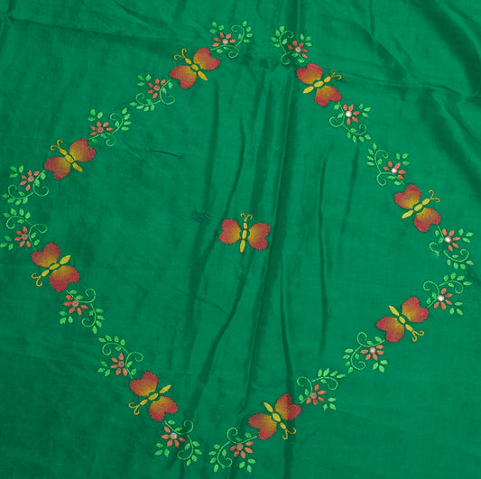 Sushila Vintage Green Sari Remnant Scrap 100% Pure Silk Embroidered Craft Fabric
