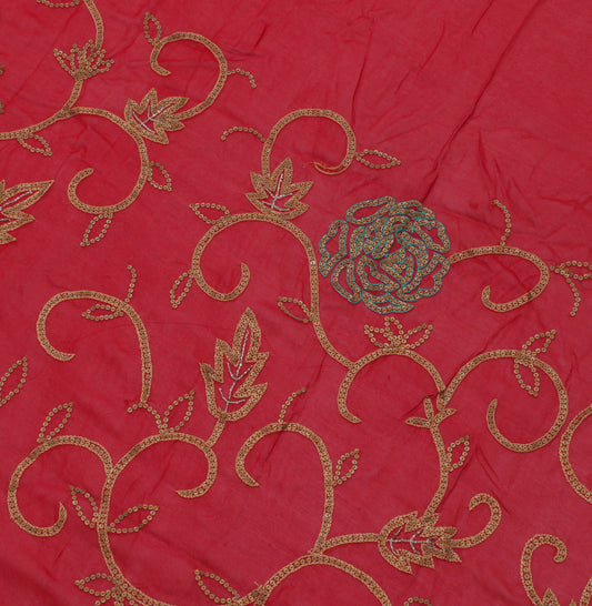 Sushila Vintage Red Sari Remnant Scrap Pure Georgette Embroidered Craft Fabric