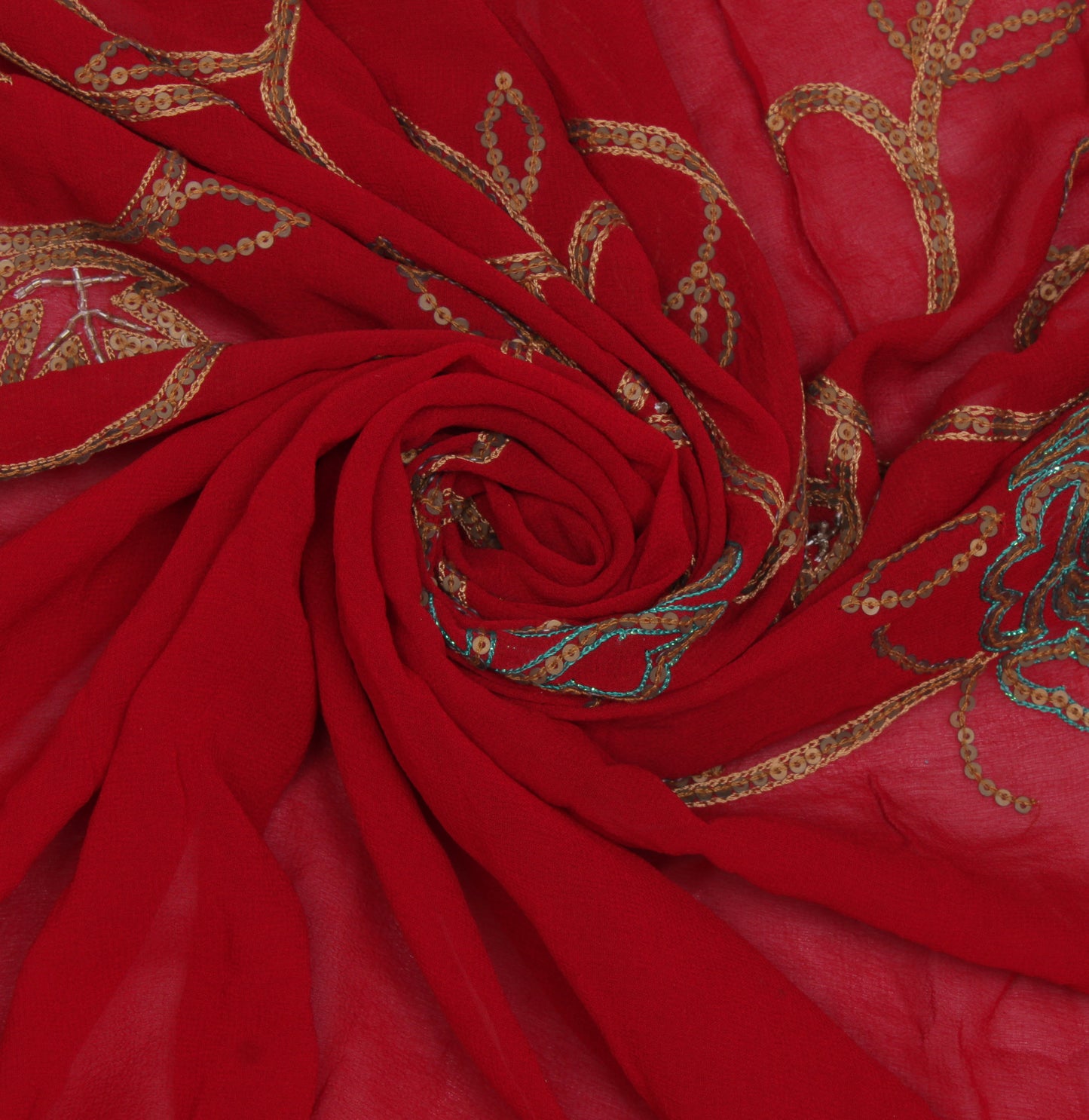 Sushila Vintage Red Sari Remnant Scrap Pure Georgette Embroidered Craft Fabric