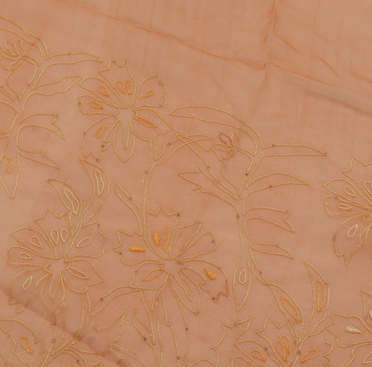 Sushila Vintage Brown Sari Remnant Scrap Pure Chiffon Embroidered Craft Fabric