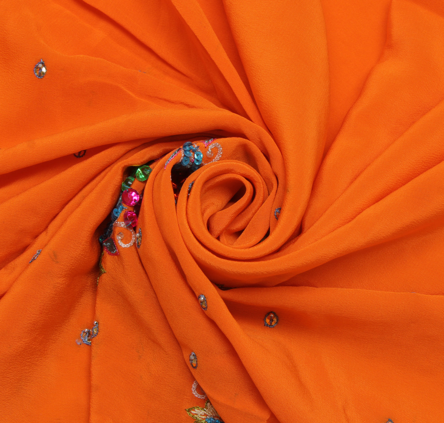 Sushila Vintage Orange Sari Remnant Scrap Pure Crepe Embroidered Craft Fabric